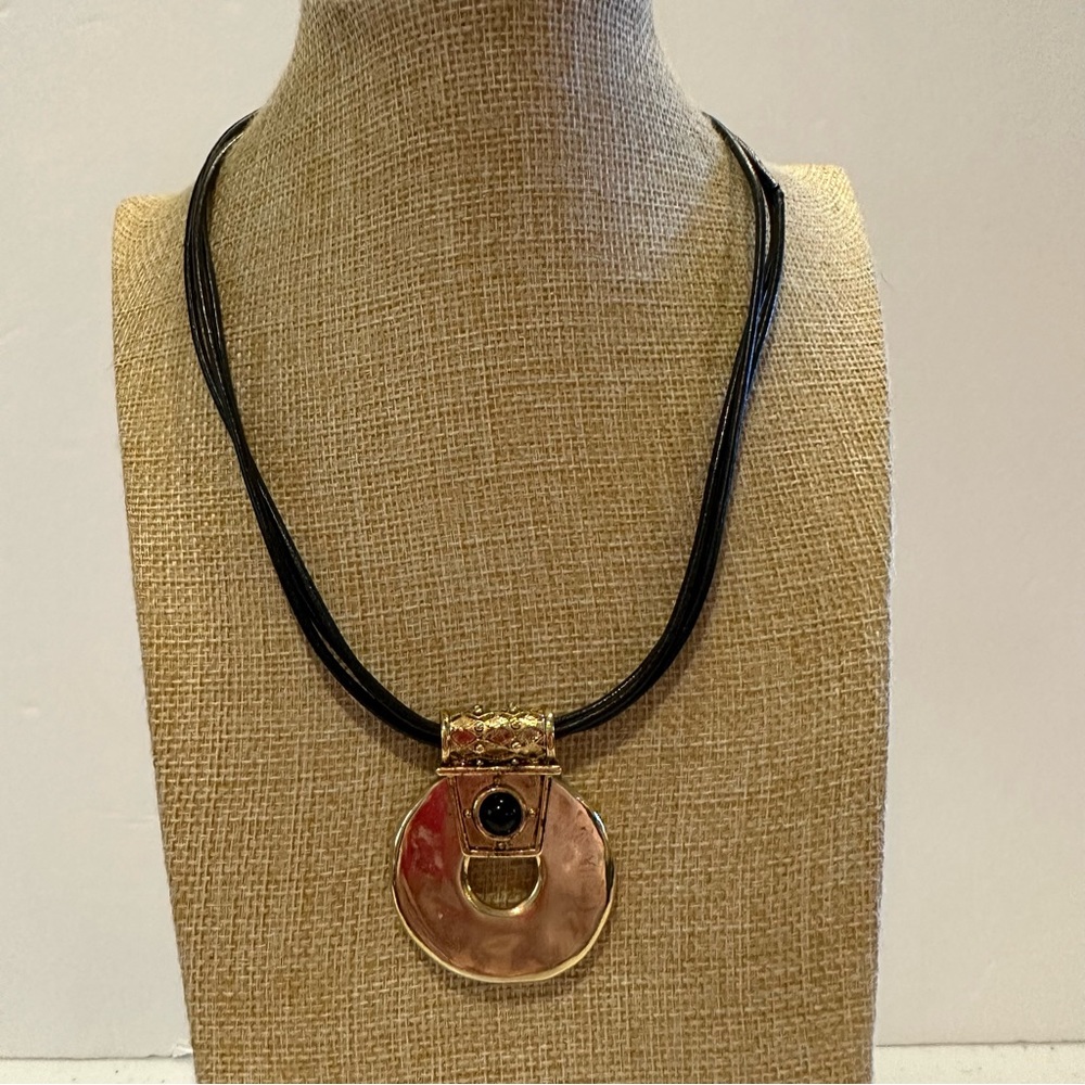 Chico’s Necklace black leather chain w/ round gold pendant w/ black bead center - Picture 2 of 11